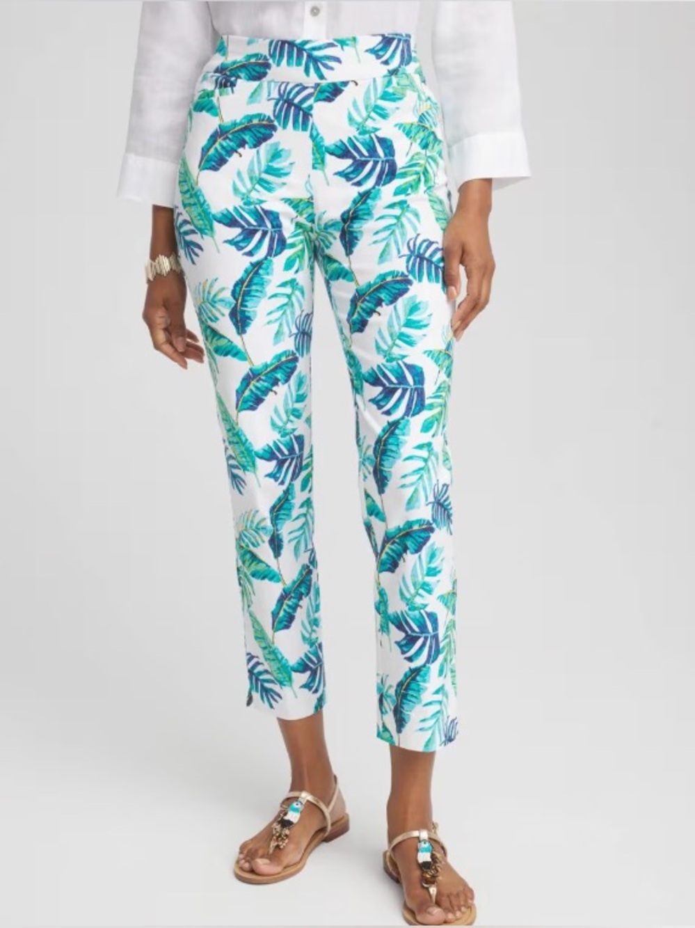 Chico's So Slimming Brigitte Cropped Pants in Open Palms Tropical Leaf